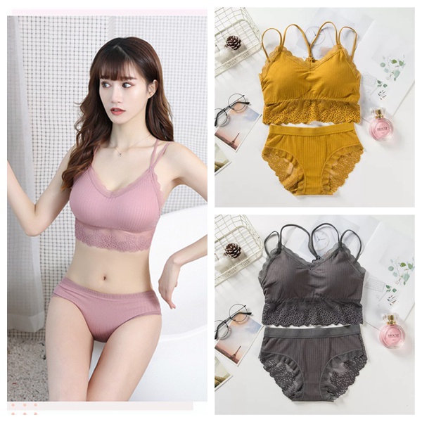 Bra Wanita Tanpa Kawat Set Push Up Isi Busa Lace Katun Breathable Hiasan Bordir 3B06