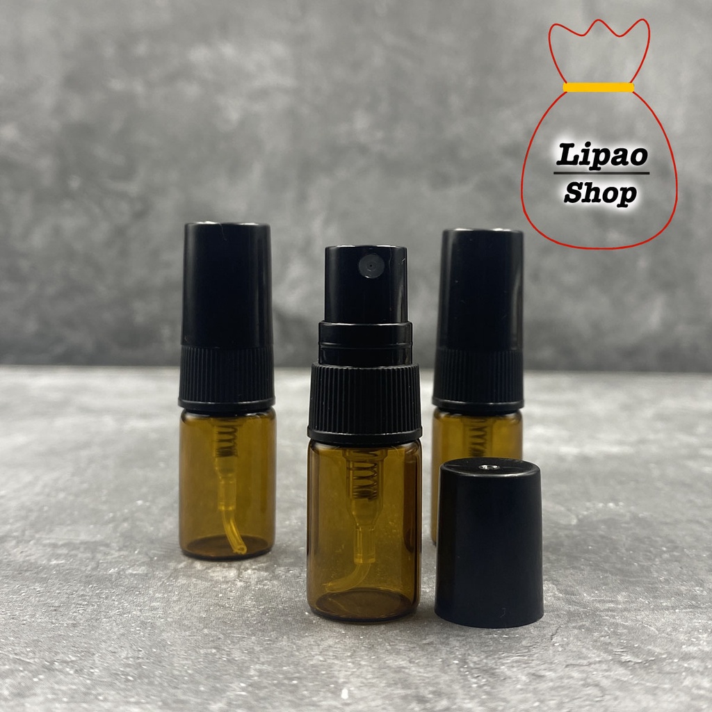 Botol Spray Kaca 2ml AMBER / Coklat - Refillable Travel Size Parfum Tutup HITAM - Atomizer Decant