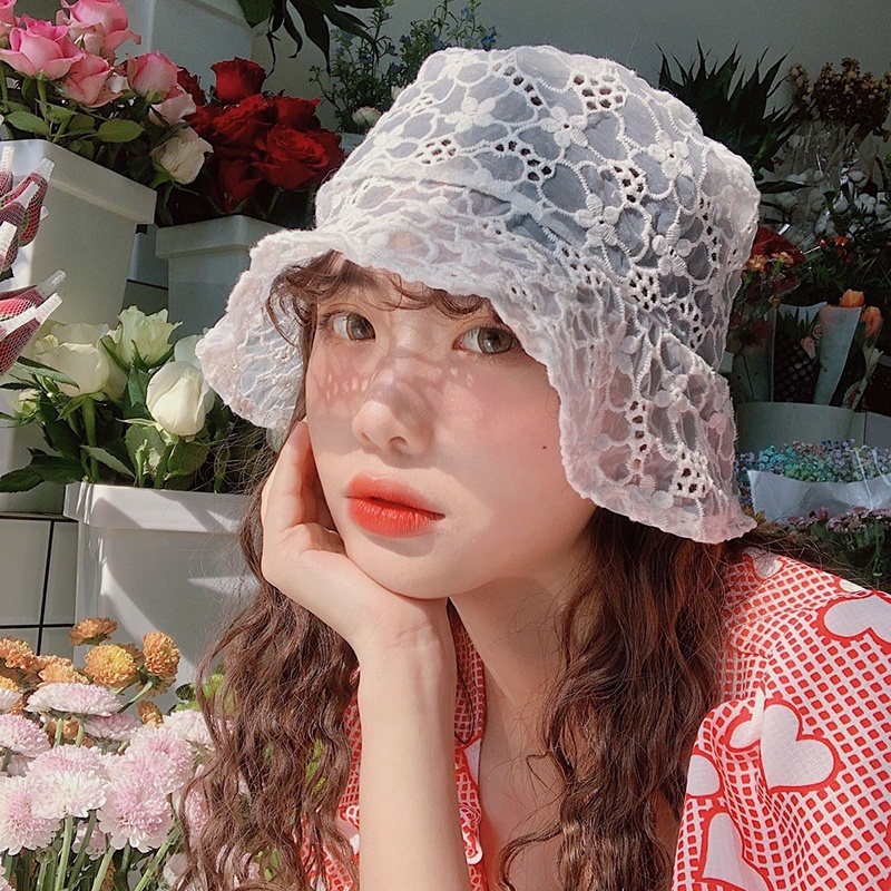 Topi Bucket Wanita Bahan Lace Motif Bunga Gaya Korea Untuk Musim Panas