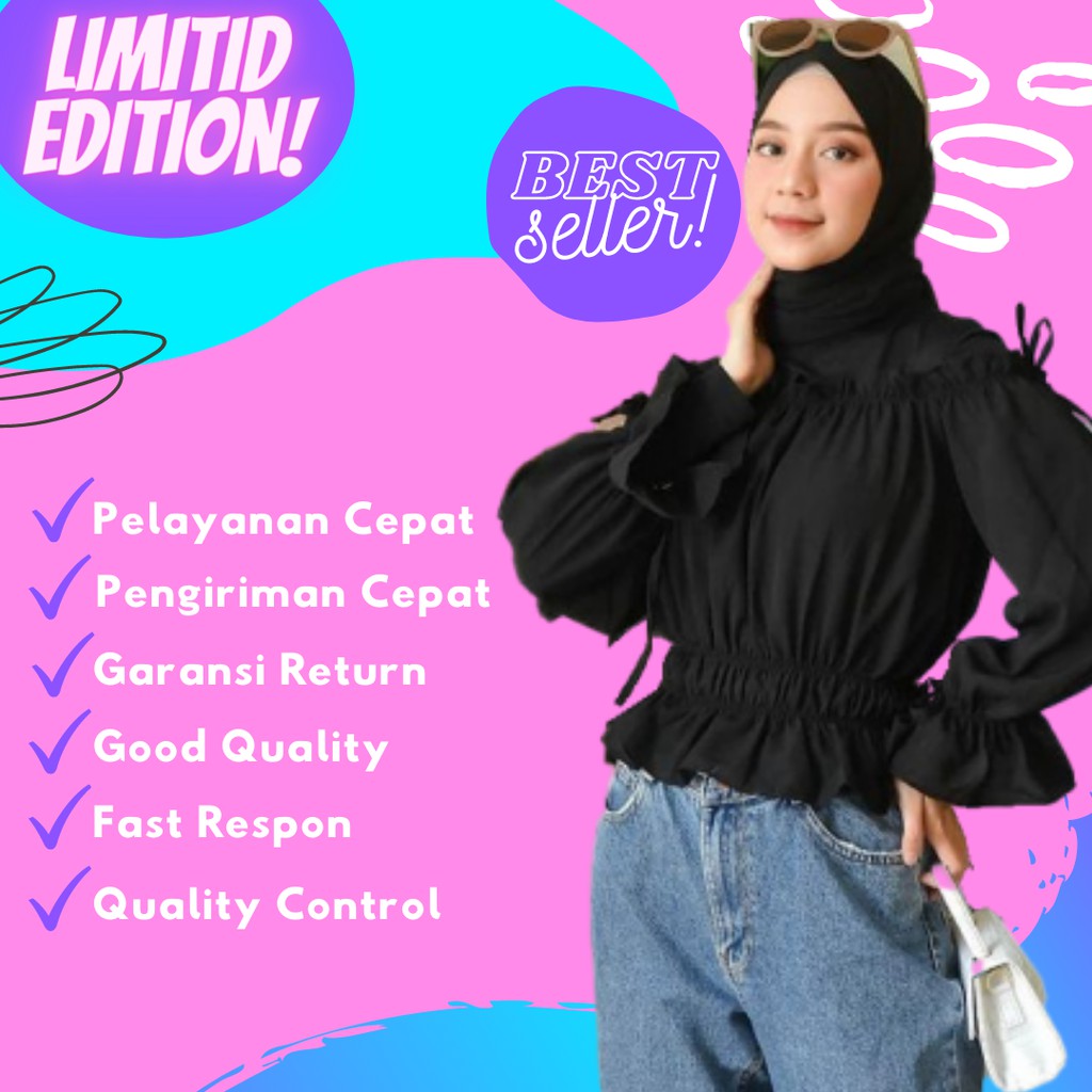 Baju Atasan Wanita Blouse Lengan Panjang Balon Korea Import Pakaian Bluse Wanita Kekinian Terbaru 24