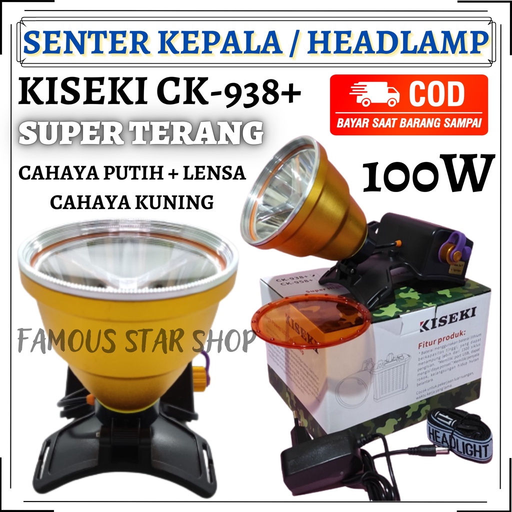 Senter Kepala Kiseki CK-938+ 100W Bisa 2 Warna Putih dan Kuning Serta Ada Korek Api - Headlamp Outdoor 100 Watt Kiseki CK-938+ Dilengkapi dengan Lensa Kuning - Senter Outdoor 2 Warna | FMS