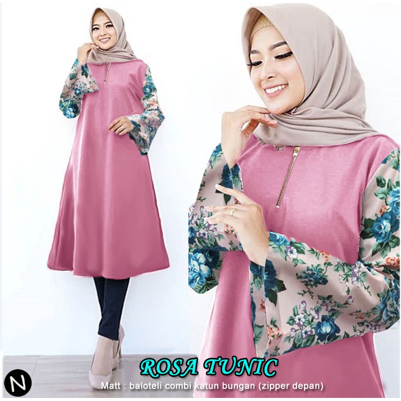 Rosa Tunik - Logo Smile (LS) - Ukuran L-3XL - Matt Baloteli Mix Katun Motif Bunga