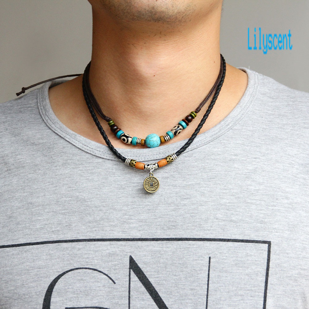 Lily Kalung Rantai Multilayer Aksen Batu Turquoise Imitasikoin Untuk Perhiasan Pria