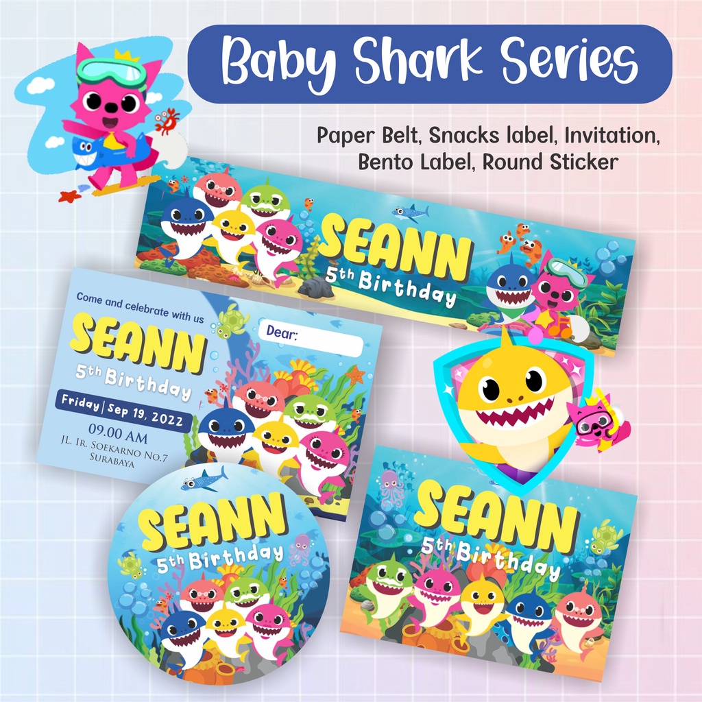 

BABY SHARK Birthday Invitation, Paper Belt, Label bento, undangan & Sticker ulang tahun