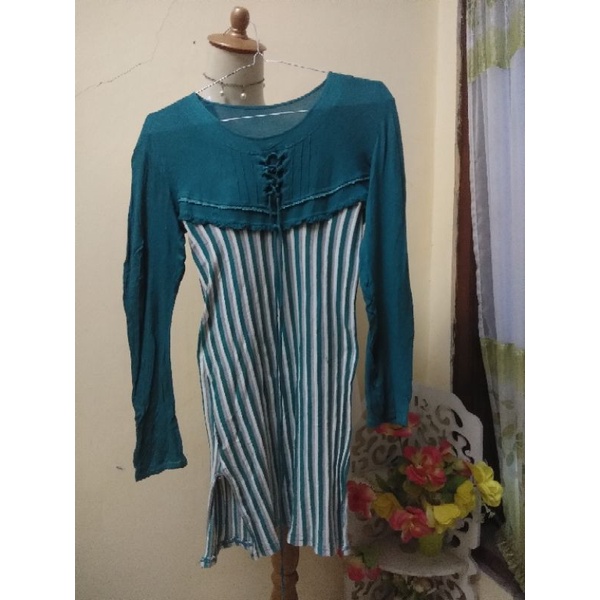 Baju atasan wanita blouse kaos hijau lumut garis strech tunik mini preloved murah masih bagus
