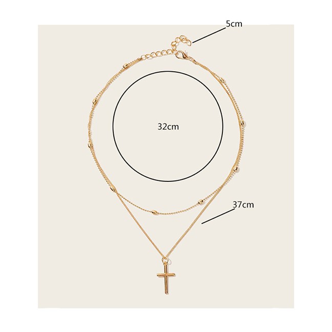 LRC Kalung Fashion Silver Cross Round Bead Chain Double Necklace K25136