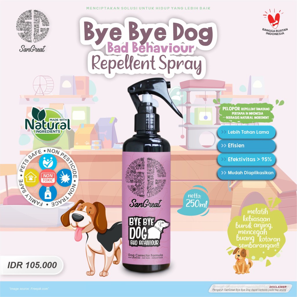 SanGreat Bye Bye Dog Repellent Bad Behaviour Training Anjing Mencegah Anjing Mendekat Spray 250 ml