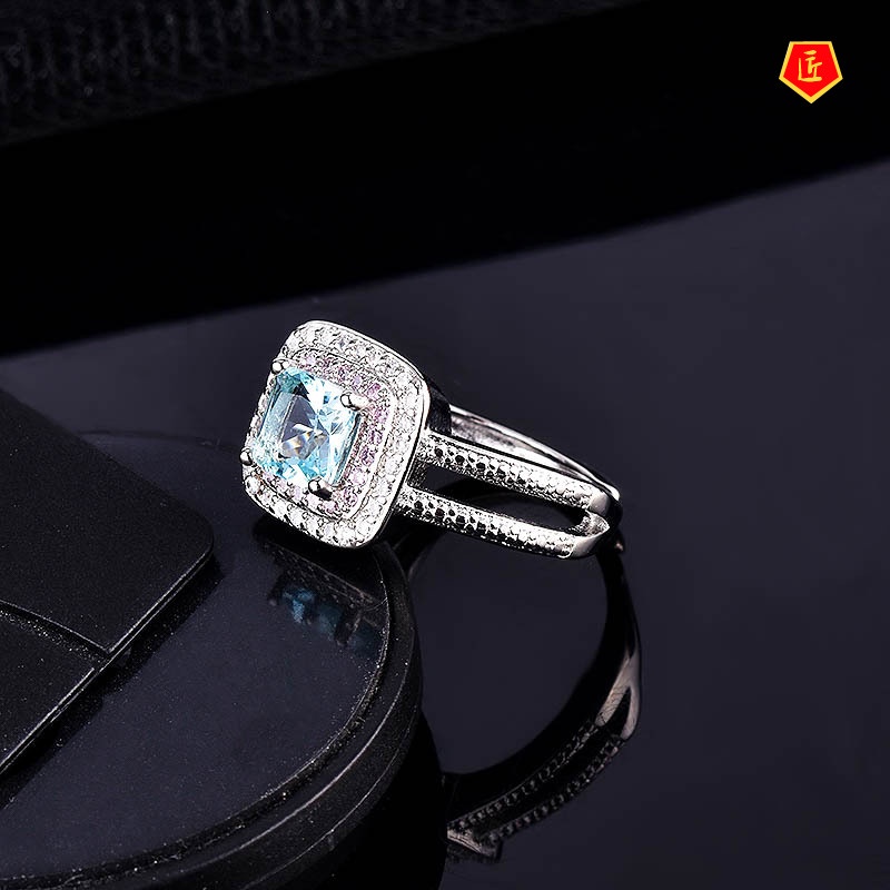 [Ready Stock]Luxury Full Diamond Topaz Sea Blue Diamond Ring