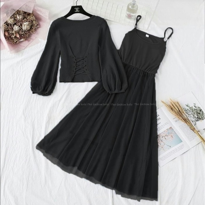 F336 Dress Inner Panjang Cewek 2in1 Jocelyn Tile Hitam Setelan Atasan Outer Wanita Mosscrepe Black