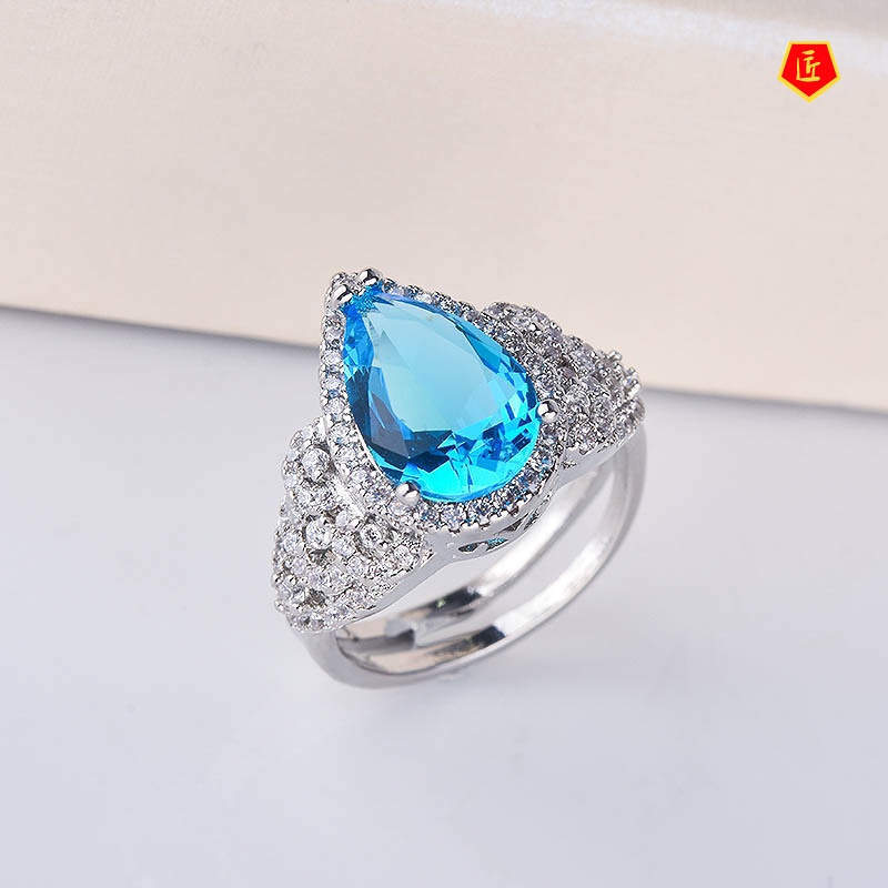 [Ready Stock]Micro-Inlaid Diamond Blue Gem Ring