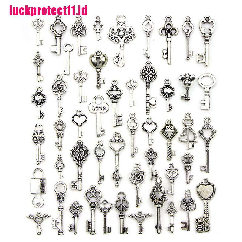 50 Pcs Liontin Bentuk Kunci Warna silver Gaya Tibet Antik Untuk Perhiasan