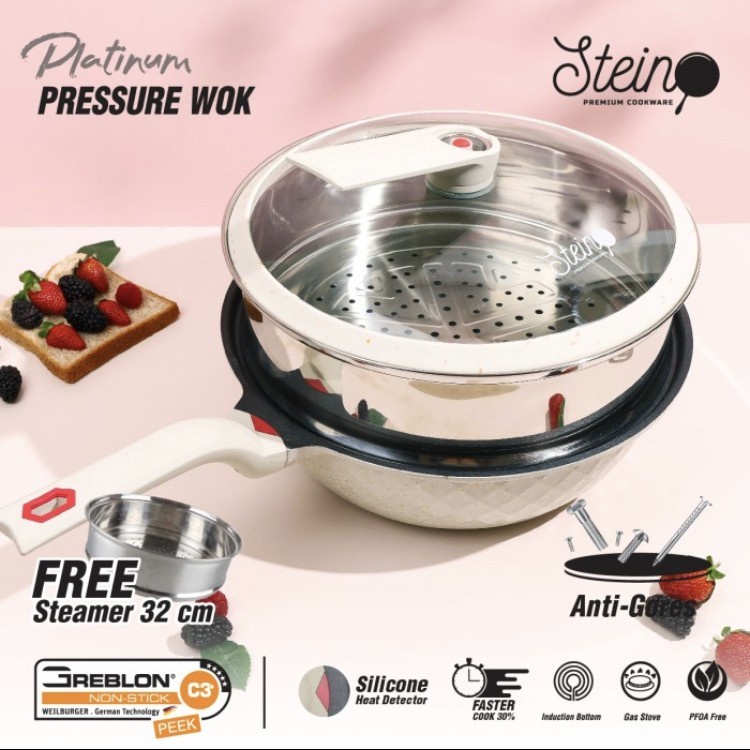 PANCI PRESTO STEIN COOKWARE PLATINUM PRESSURE WOK PAN 32 CM STEAMER COKLAT
