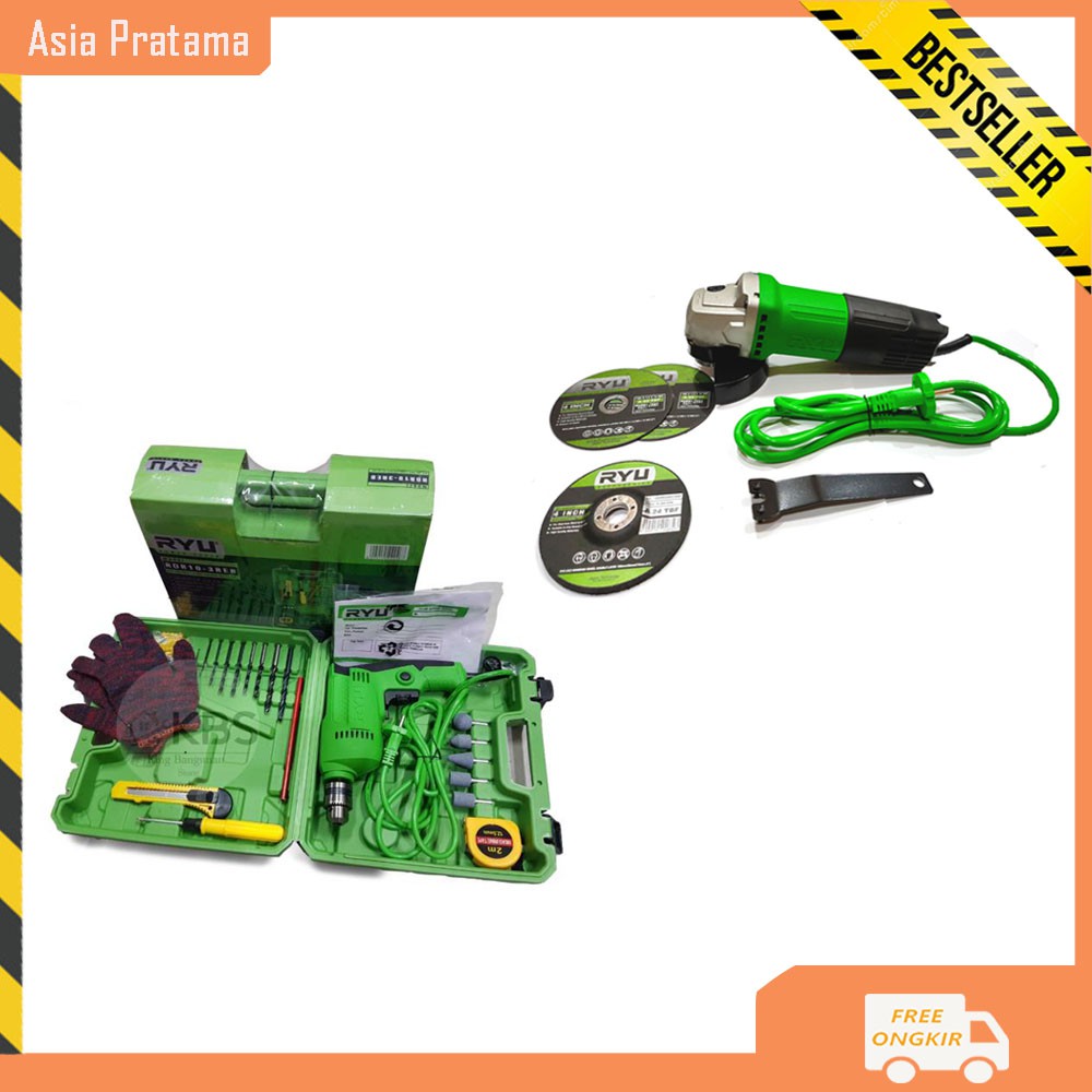 Paket Ryu 2 Set Mesin Bor Koper Aksesories 10 Mm Ryu + Gerinda 4 Inch Ryu