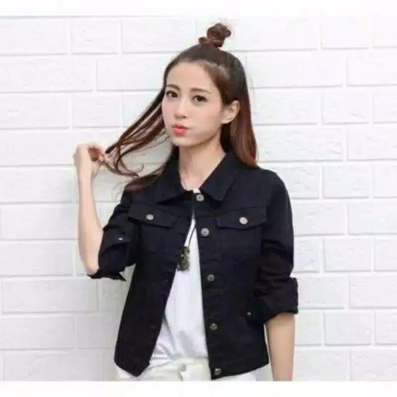 JAKET LEPIS CEWEK  JAKET JINS WANITA JAKET DENIM JAKET JEANS PEREMPUAN MURAH STANDAR JUMBO-Hitam