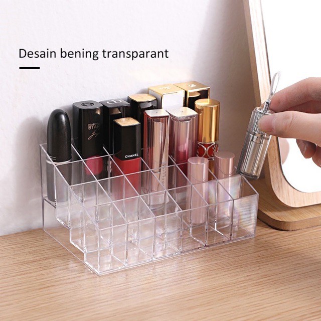 Tempat Lipstik Akrilik Organizer Lipstic Holder 24 Grid Holder Rak Lipstik Kuas Multifungsi