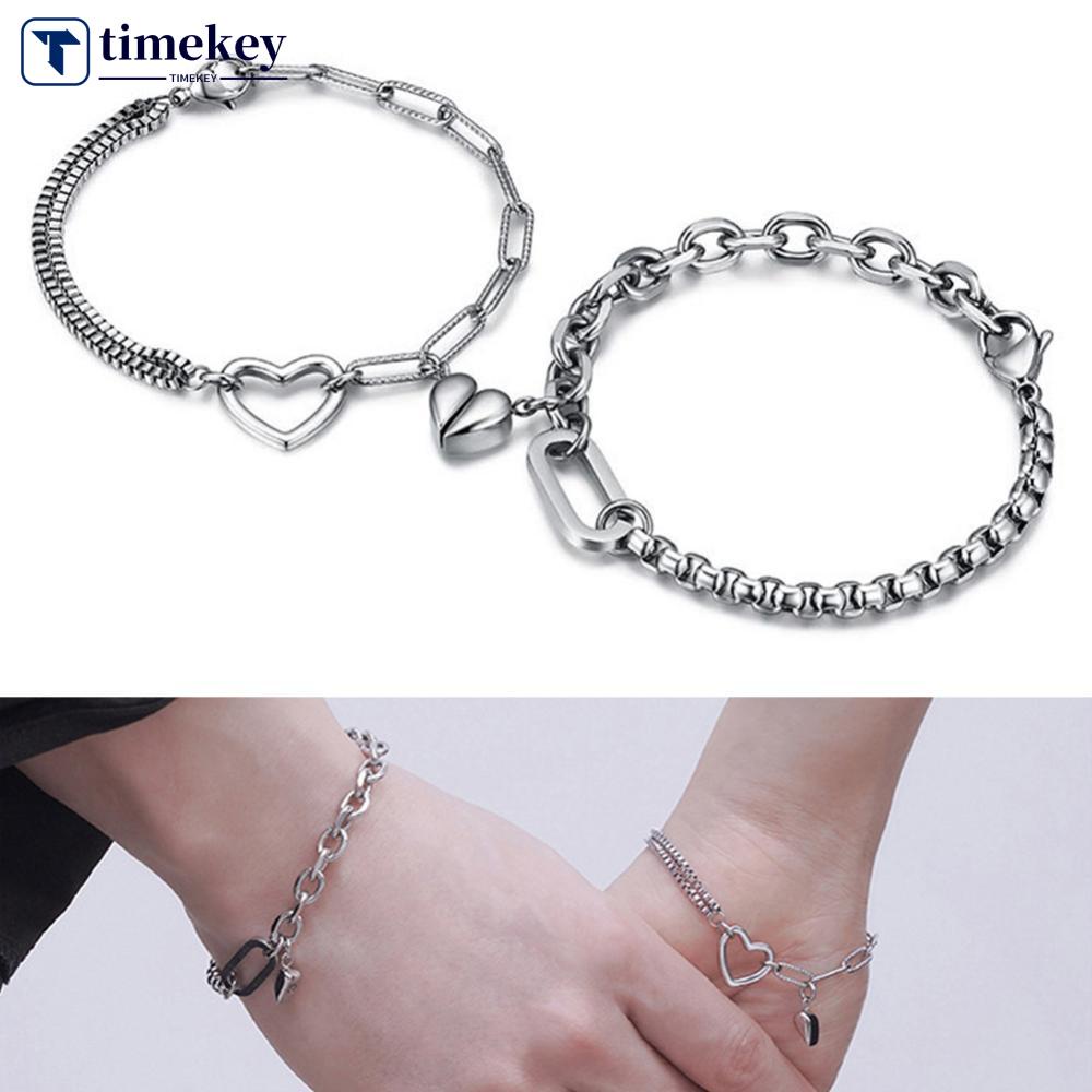 Timekey Gelang Tangan Rantai Stainless Steel Magnetik Aksen Hati Untuk Pasanganpriawanita F6R4