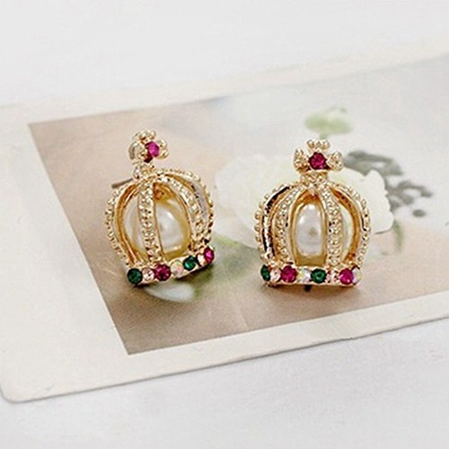 Anting Model Ear Stud Berhias Mutiara Imitasi Warna-warni Bentuk Mahkota Putri