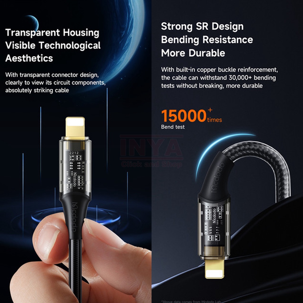 KABEL DATA MCDODO CA-2080 TRANSPARENT DATA CABLE FOR LIGHTNING &amp; TYPE C 1.2m