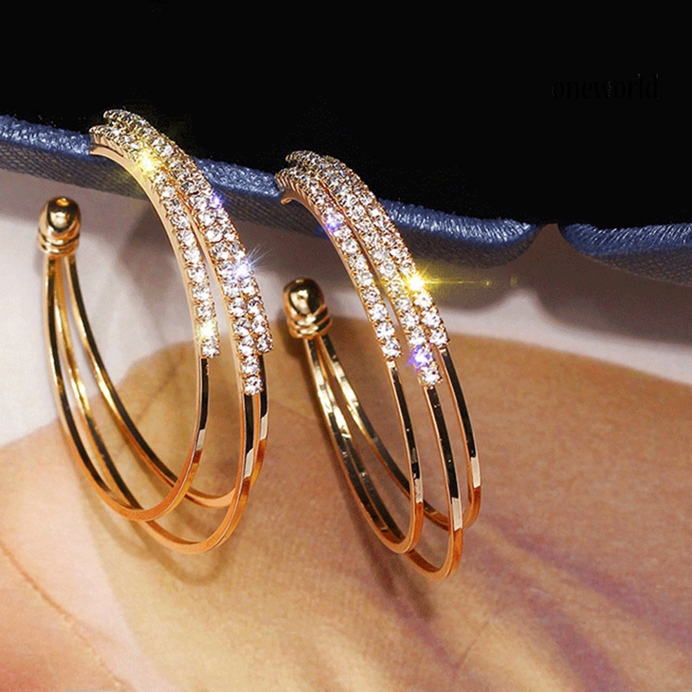 OW@ Women Exquisite Rhinestone Hoop Earrings Triple Layer Circle Piercing Jewelry