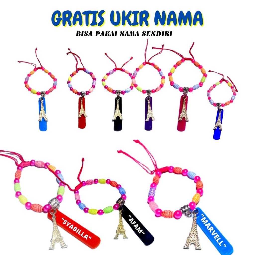 GELANG NAMA ANAK,GELANG AKRILIK BANDUL PARIS,GRATIS UKIR NAMA SENDIRI,BANYAK PILIHAN WARNA