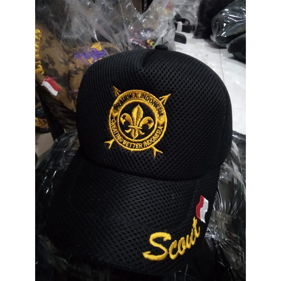 TOPI PRAMUKA SCOUT JARING DOUBLEMESS BORDIR MURAH