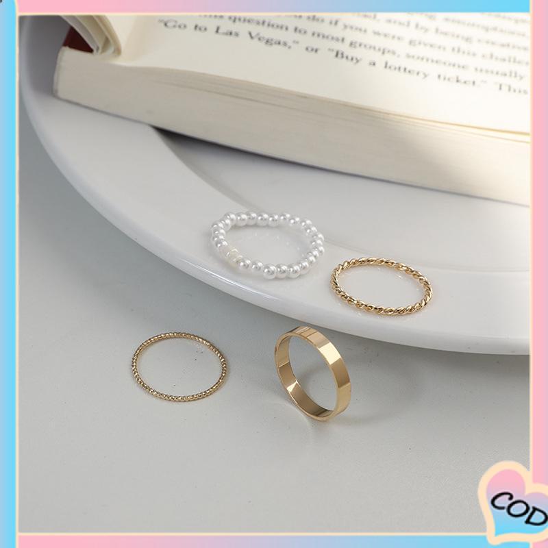 COD❤️ Korea Wanita Mutiara Cincin Wanita Emas Cincin Logam Set Fashion Perhiasan Aksesoris-A.one