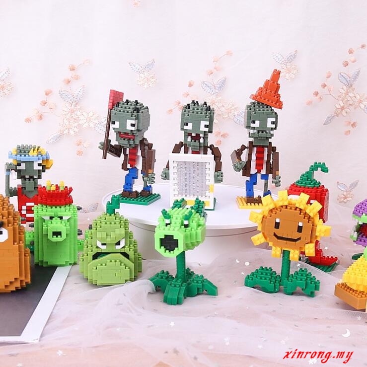 Mainan Puzzle Balok Bangunan Lego Partikel Kecil Desain Tanaman Zombie Untuk Anak