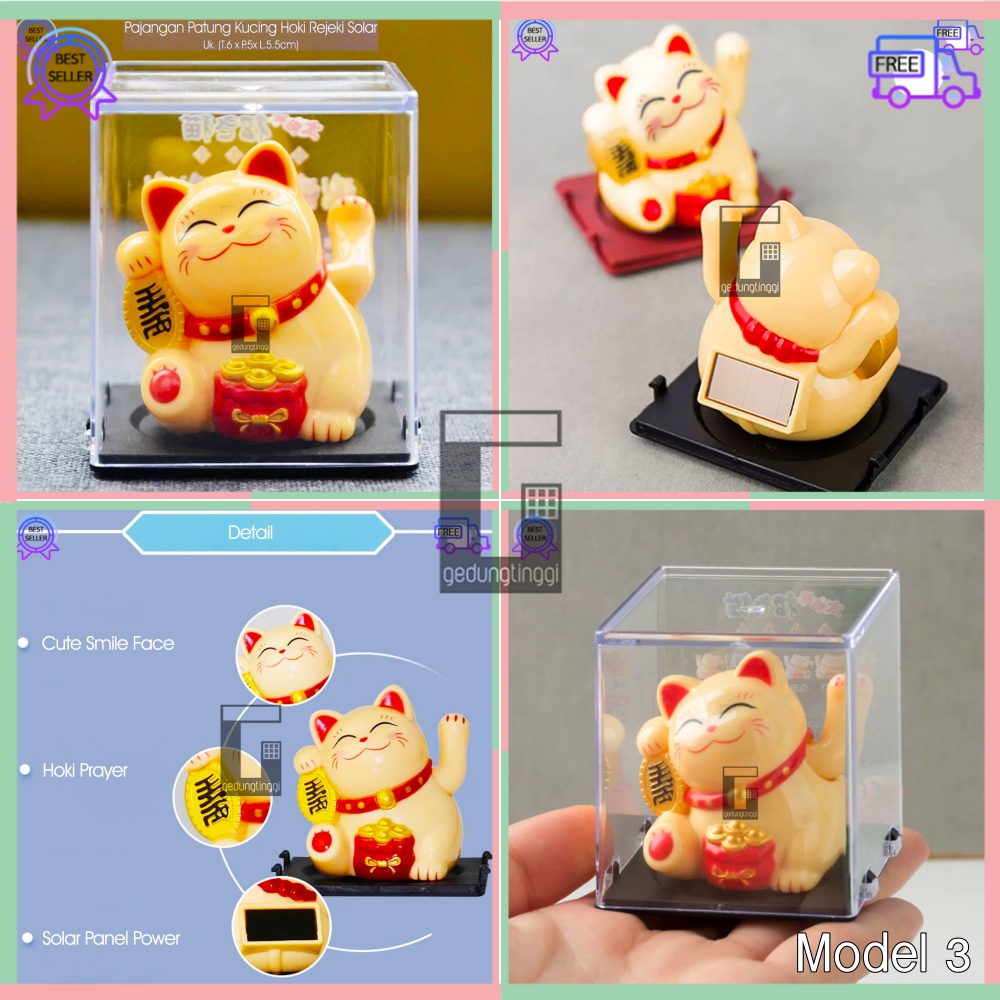 Patung Pajangan Boneka Hiasan Mainan Kucing Hoki Lucky Cat Maneki Neko Maneki Neko Dewa Chaisen Chai Cai Sen Caisen Ye Dewi Rejeki Rezeki Keberuntungan Tangan Goyang Gerak Bergerak China Cina Jepang Dashboard Mobil Mini Kecil Solar No Baterai Batrei Batre