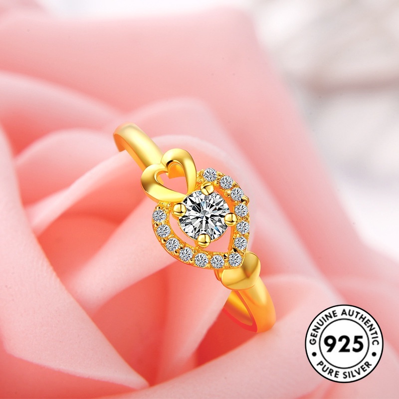 Cincin Bentuk Hati Aksen Berlian Bahan S925 Silver Gold Plated