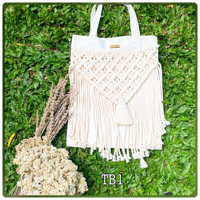 Tas wanita tote bag macrame canvas cotton rope