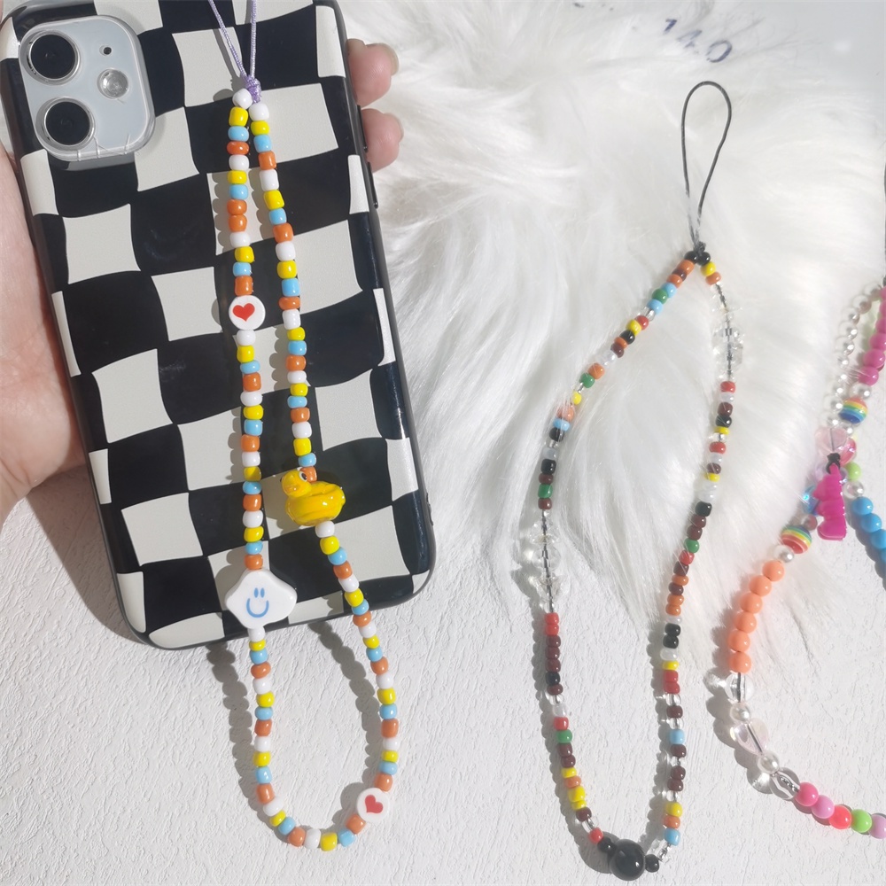 Tali Lanyard Rantai Manik-Manik Akrilik Motif Kartun Warna-Warni Anti Hilang Untuk Case Hp