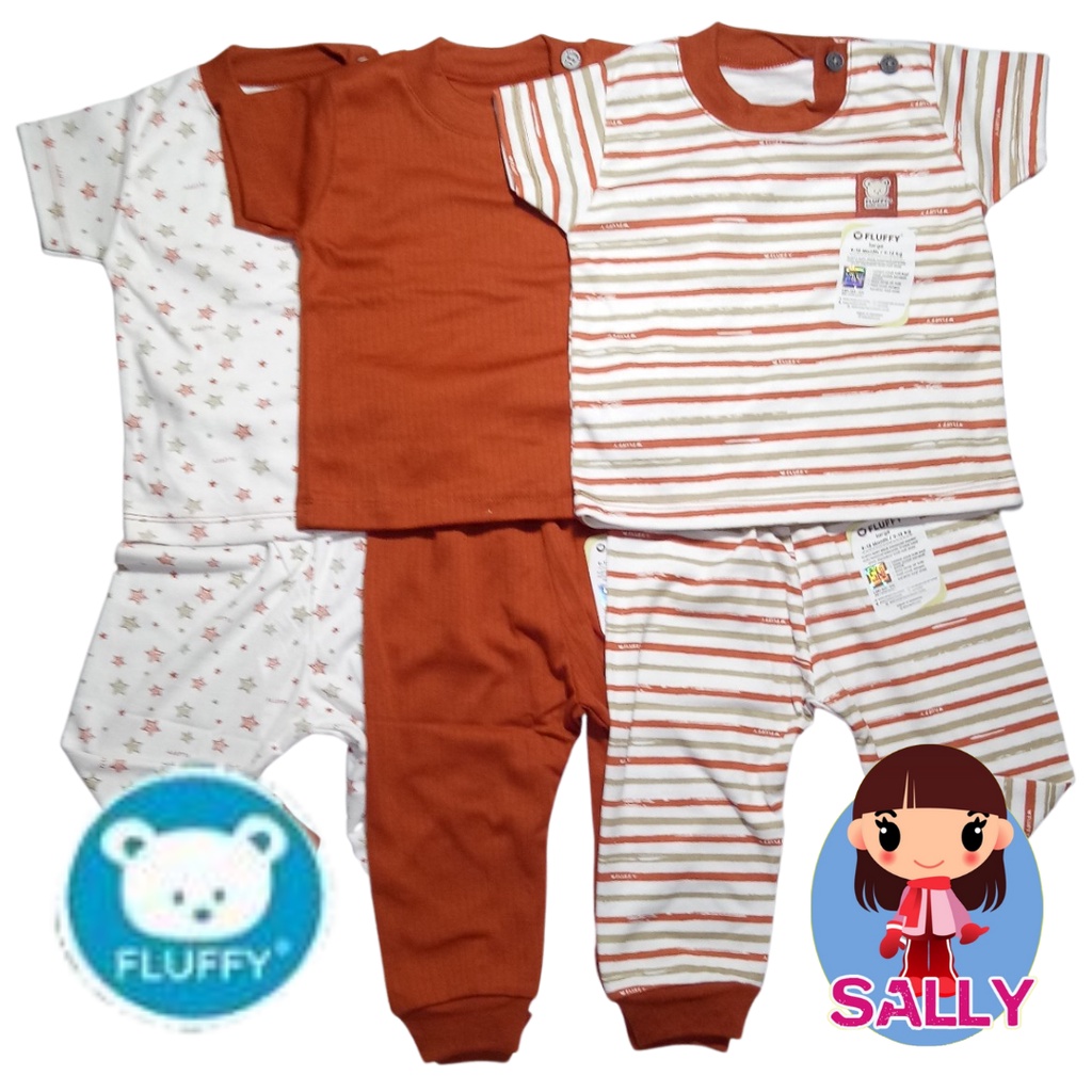 Fluffy S M L - 3 Setelan Baju Bayi Oblong Pendek Celana Panjang Kancing Bahu Motif Red Star Series U
