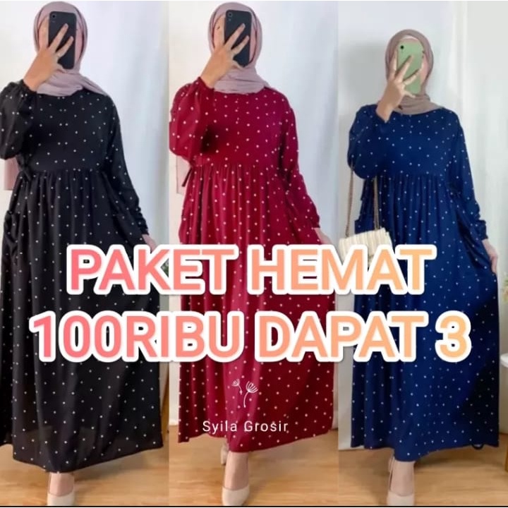 PROMO BAJU GAMIS POLKADOT 100 RIBU 3 PCS STOK TERBATAS BAJU GAMIS MOTIF POLKADOT TERBARU