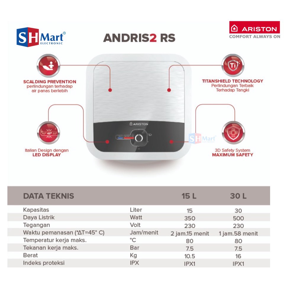 Ariston Water Heater Andris2 RS 30L 500 Watt Model 2020 New (MEDAN)