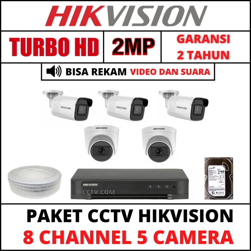 PAKET CCTV HIKVISION 8 CHANNEL 5 KAMERA BEBAS PILIH 2MP TURBOHD/AUDIO 1080P KOMPLIT TINGGAL PASANG