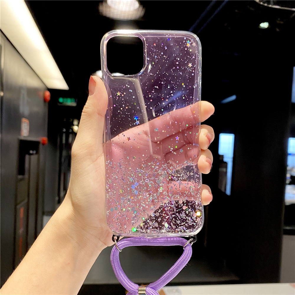 Case Bahan Silikon Aksen Glitter Dengan Tali Lanyard Untuk Iphone 12 12pro 12promax 12mini 11 Pro Max Xr Xs Max 6 7 8 Plus