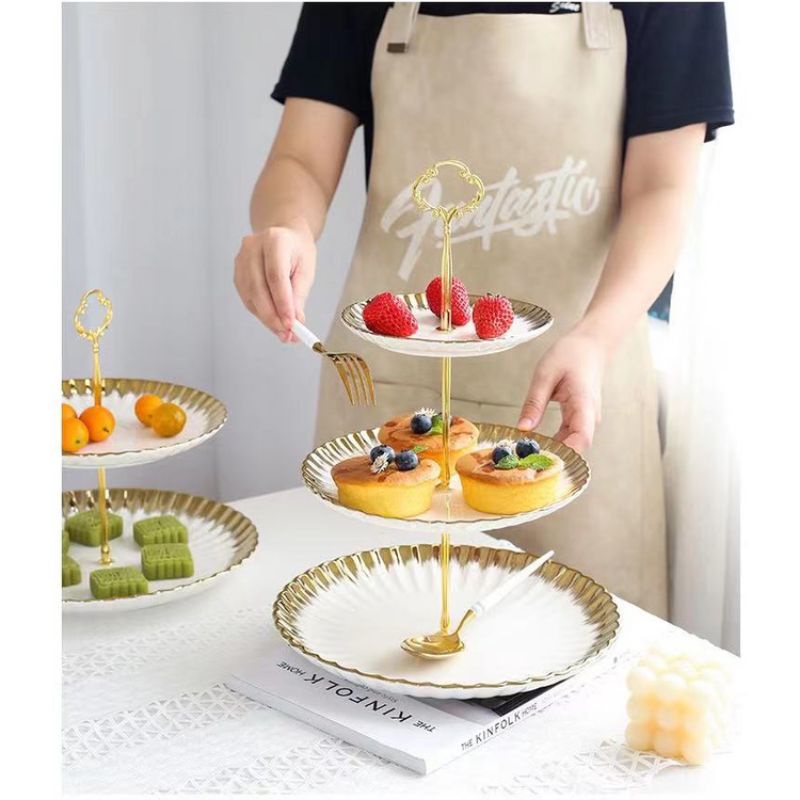 Premium Gold Cake Tier / Rak Susun Kue Roti 2 & 3 tingkat / Piring Kue / Fruit Tray Tier Marble