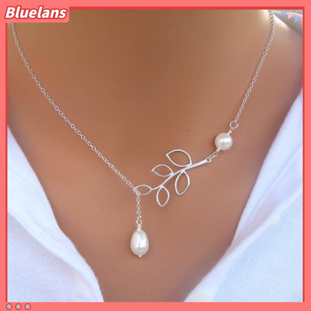 Bluelans Women Fashion Hollow Leaf Faux Pearl Pendant Clavicle Chain Necklace Jewelry