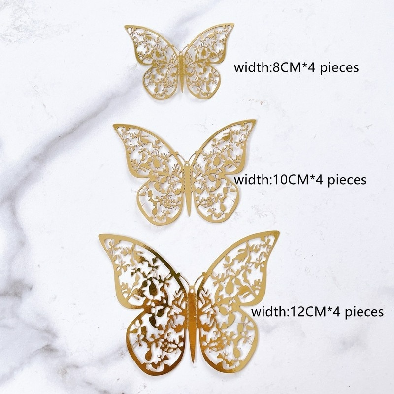 12pcs / Set Topper Kue Bentuk Kupu-Kupu 3D Warna Emas Untuk Dekorasi Pesta Pernikahan / Ulang Tahun Butterfly