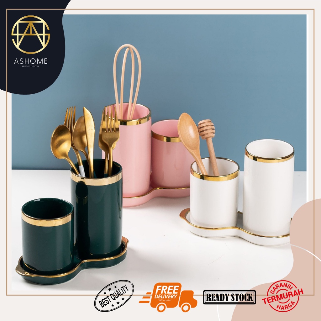 ASHOME Set Tempat Sendok Keramik dengan 2 Tabung List Gold Berbagai Warna / Tempat Sendok Aestetik /