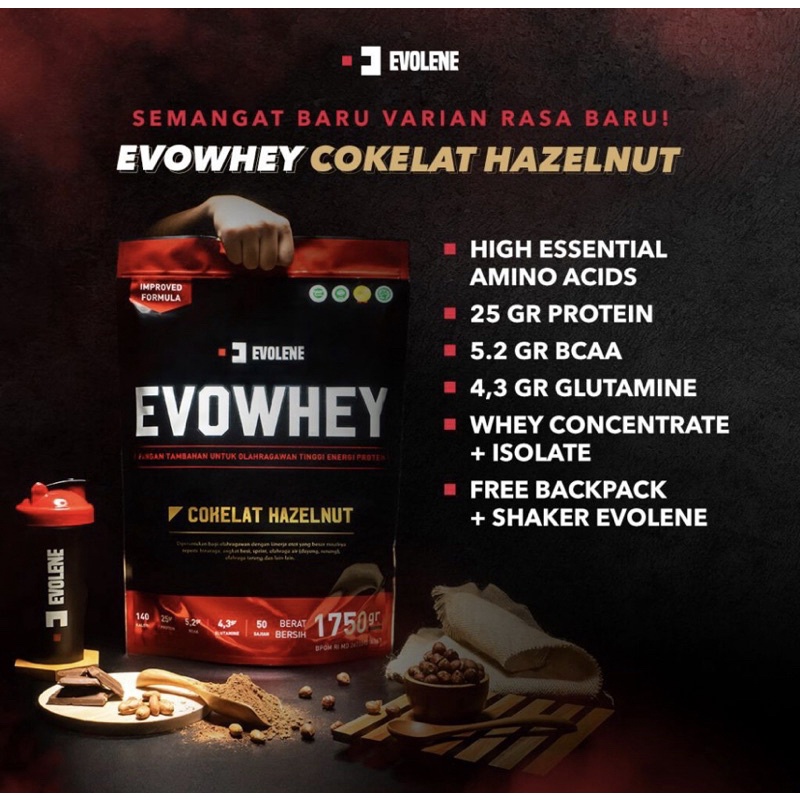 EVOWHEY Coklat Hazelnut 1750gr 50 sachet by Evolene Free Shaker