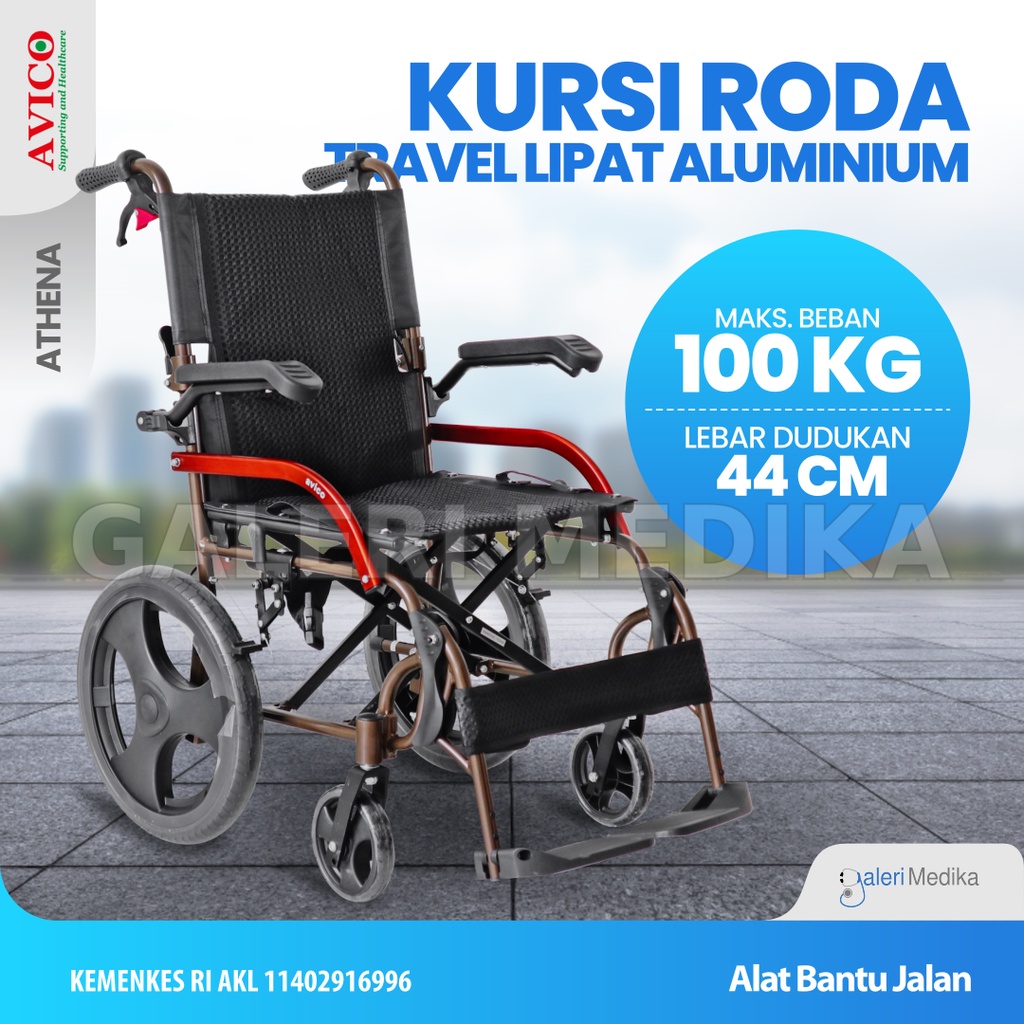 Kursi Roda Aluminium Travel Avico Athena - Aluminium Travel Wheelchair Bisa Lipat (Roda Kecil) 15 Inchi