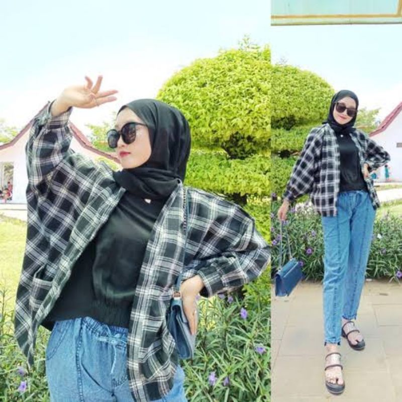 Outer Balon Flanel Premium Outer Ballon Grid Oversize Cardigan Terlaris