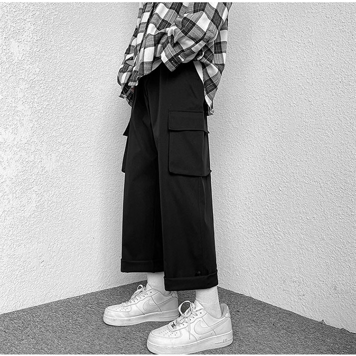 Celana stretch pria Overall kaki lurus pria celana kasual tren Jepang longgar 2022 overall baru cela