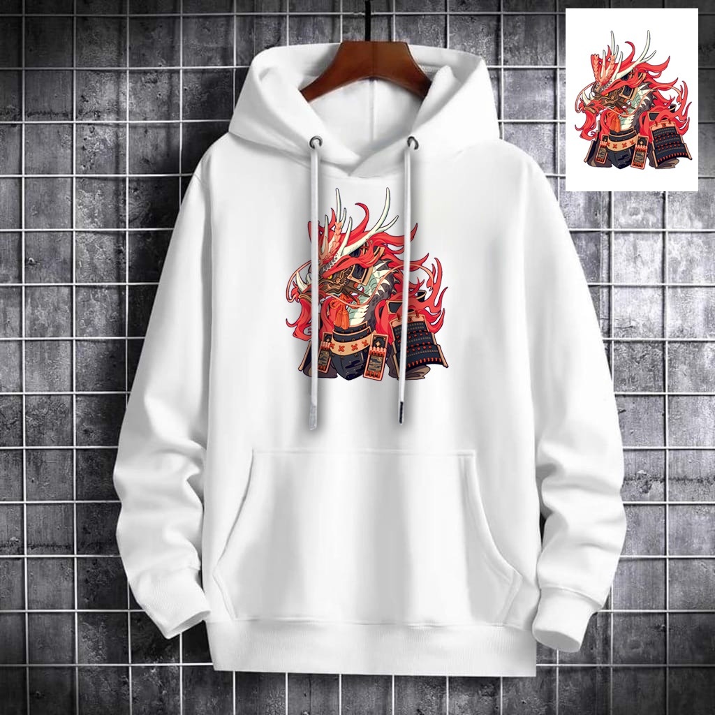 KIYOWO-Sweater Hoodie Outerwear Dragon Samurai Pria Lengan Panjang