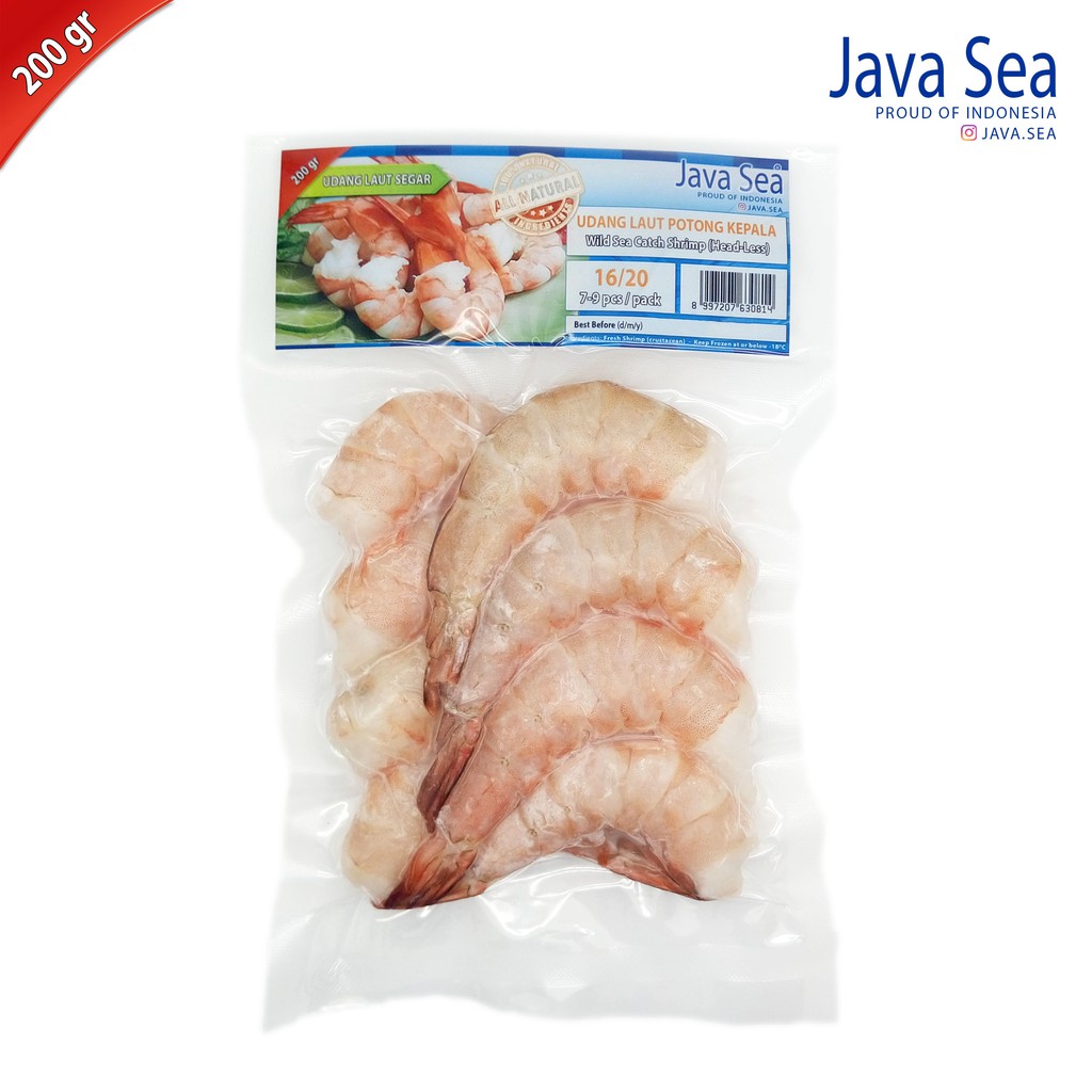

JAVA SEA Udang Laut Beku Potong Kepala 16/20 pack 200gr isi 7-9pcs