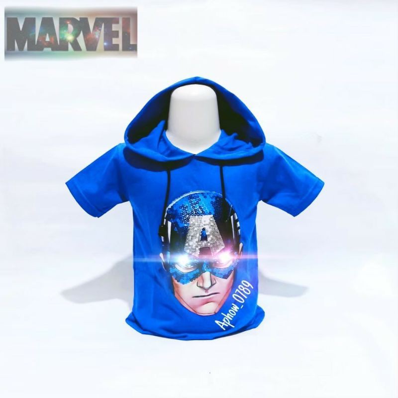 Kaos Hodie Anak Laki Laki Superhero Captain Amerika Model Led Nyala dan Gambar Usap