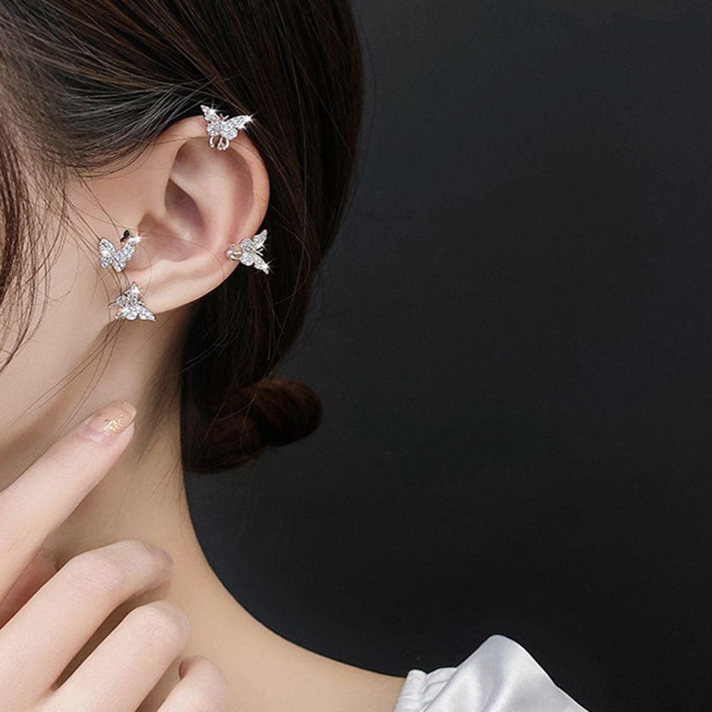 Needway Klip Anting Minimalis Retro Hadiah Untuk Wanita Kupu-Kupu Berlian Imitasi Mengkilap Anting Tulang Rawan Palsu