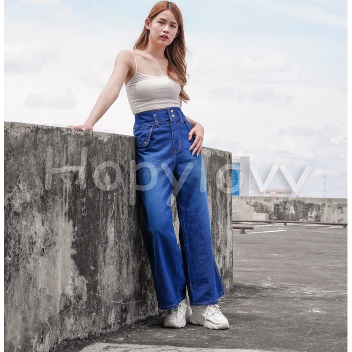 HOPYLOVY - Celana Panjang Kulot Highwaist Jeans Wanita Double Button Destiny