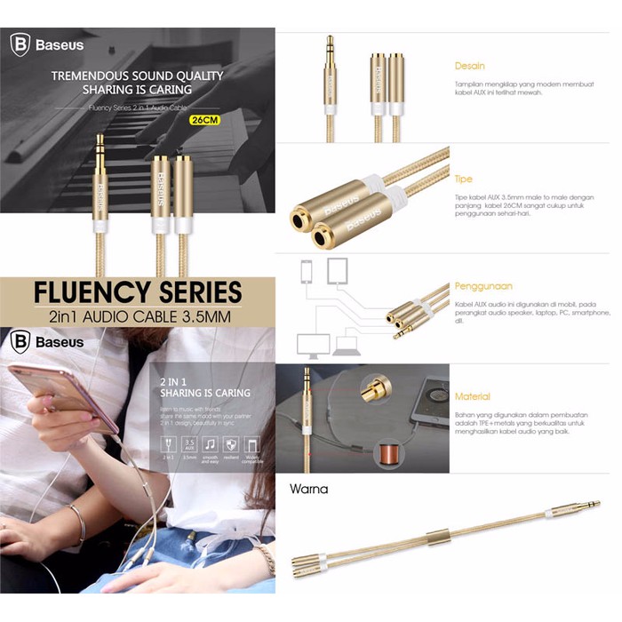 Baseus Fluency Kabel Audio Cabang 2in1 Aux Splitter Spiler 3.5mm
